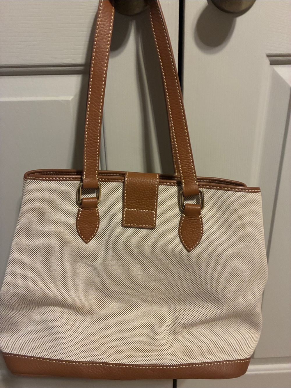 Dooney & Bourke Cream Canvas Tote with Brown Leather Trim - Picture 4 of 5